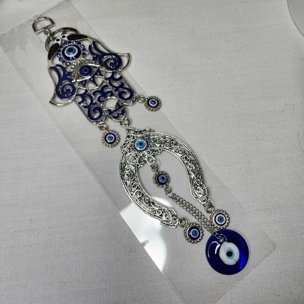Silver and Blue Hamsa Evil Eye Protection Window Pendant New